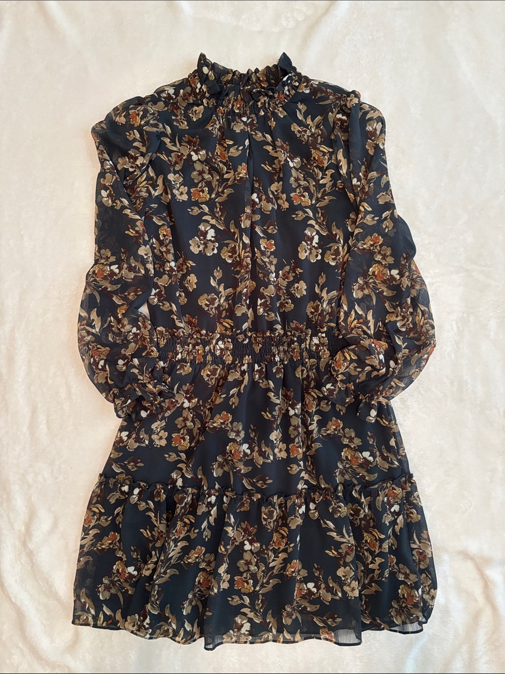 DREW Forest Green Floral Long Sleeve Smocked Dress